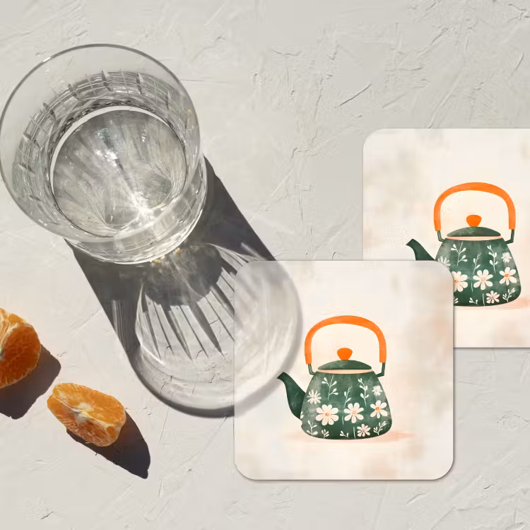 Theepot - Groen - Bloemen - Oranje onderzetter kurk middel -sfeer4
