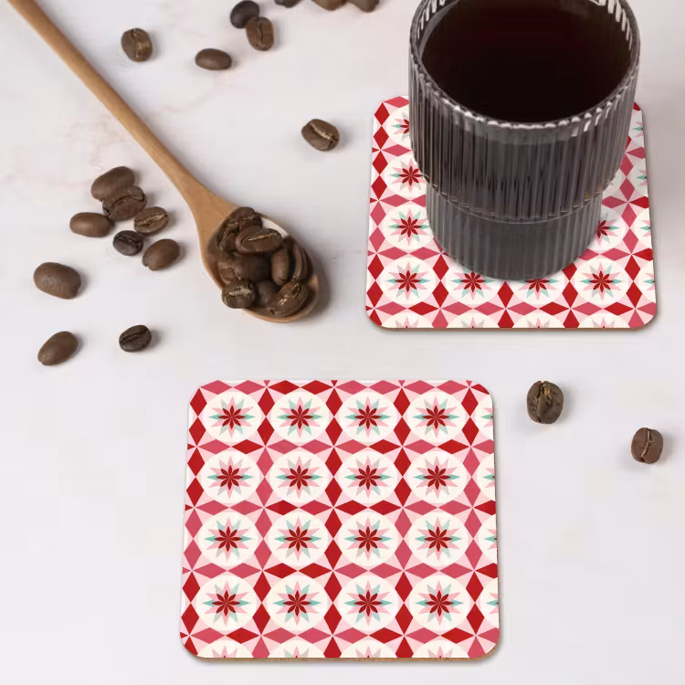 Tegelpatroon - Sterren - Retro - Roze - Mintgroen onderzetter kurk middel 366 -sfeer2