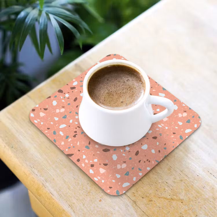 Terrazzo - Patroon - Kleurrijk - Roze - Blauw onderzetter kurk middel 366 -sfeer5