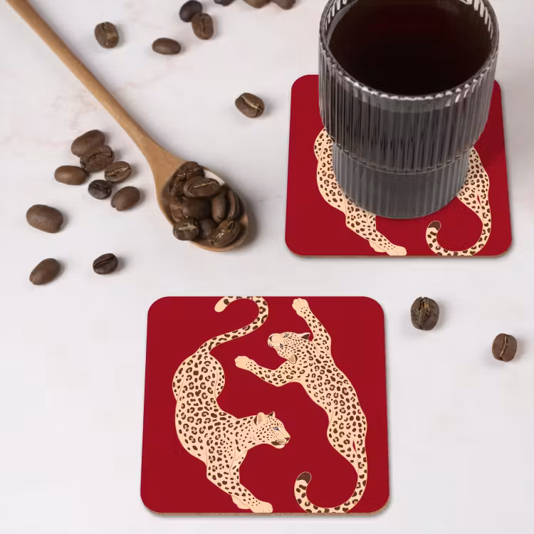 Dieren - Luipaard - Abstract - Rood - Modern onderzetter kurk middel -sfeer2
