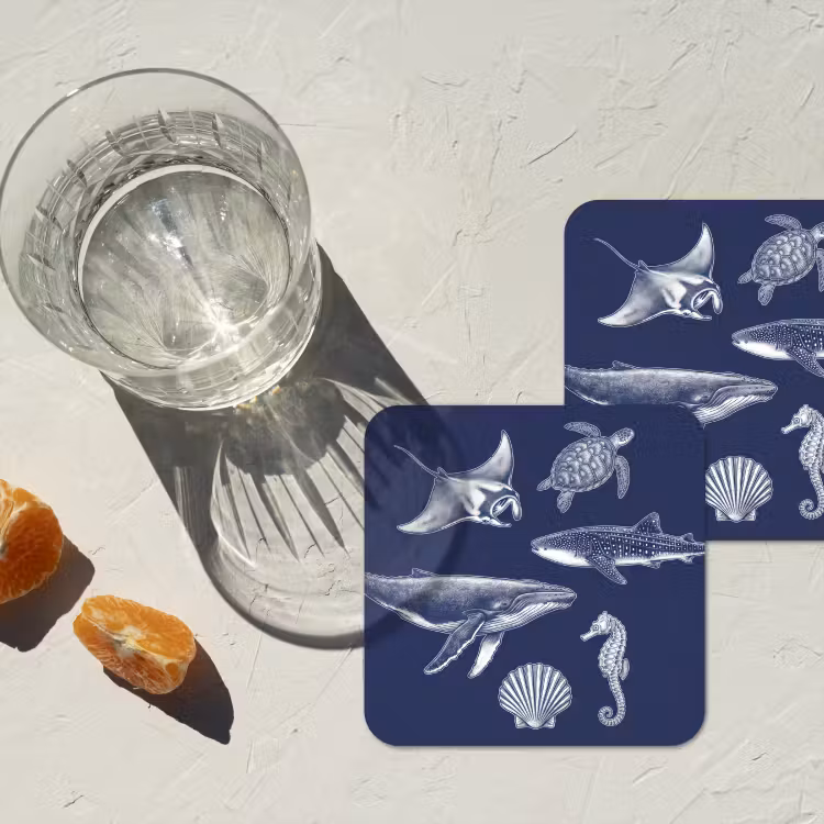 Dieren - Zeeleven - Oceaan - Graveren - Blauw onderzetter kurk middel -sfeer4