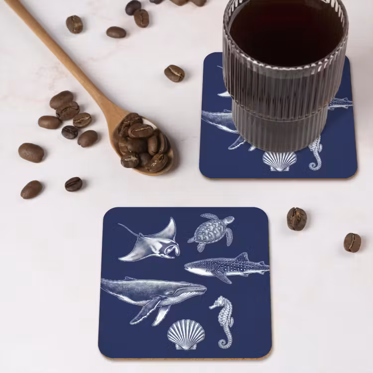 Dieren - Zeeleven - Oceaan - Graveren - Blauw onderzetter kurk middel -sfeer2