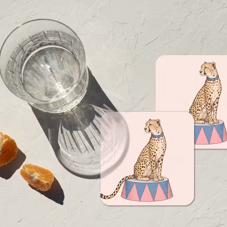Dieren - Circus - Illustratie - Vintage - Roze onderzetter kurk middel -sfeer4