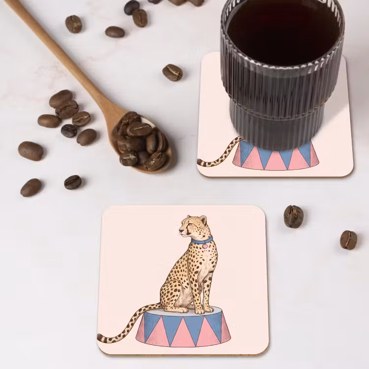 Dieren - Circus - Illustratie - Vintage - Roze onderzetter kurk middel -sfeer2
