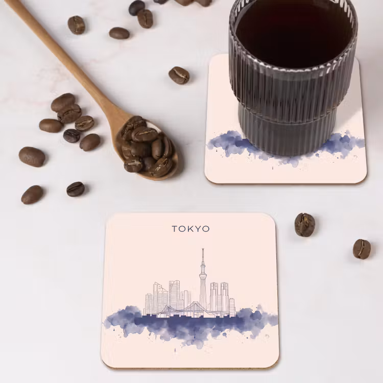 Tokyo - Skyline - Stad - Abstract - Blauw onderzetter kurk middel -sfeer2