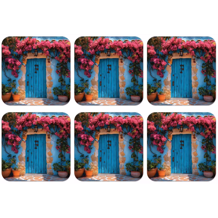Deur - Hout - Bloemen - Blauw onderzetter kurk middel -zkaufland3dotto