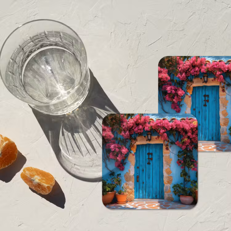 Deur - Hout - Bloemen - Blauw onderzetter kurk middel -sfeer4