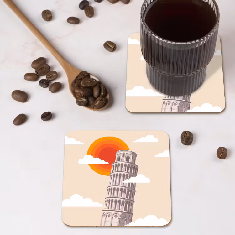 Toren - Pisa - Architectuur - Minimalistisch - Beige onderzetter kurk middel -sfeer2