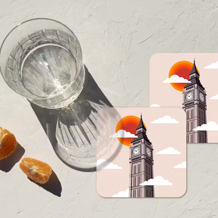 Toren - Klok - Londen - Architectuur - Retro onderzetter kurk middel -sfeer4