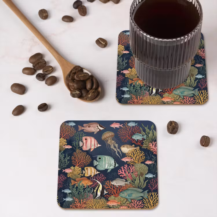 Onderwaterwereld - Vissen - Koraal - Illustratie - Kleurrijk onderzetter kurk middel -sfeer2