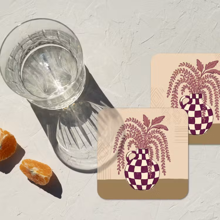 Vaas - Geruit - Planten - Modern - Paars onderzetter kurk middel -sfeer4