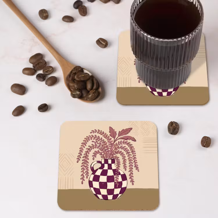 Vaas - Geruit - Planten - Modern - Paars onderzetter kurk middel -sfeer2