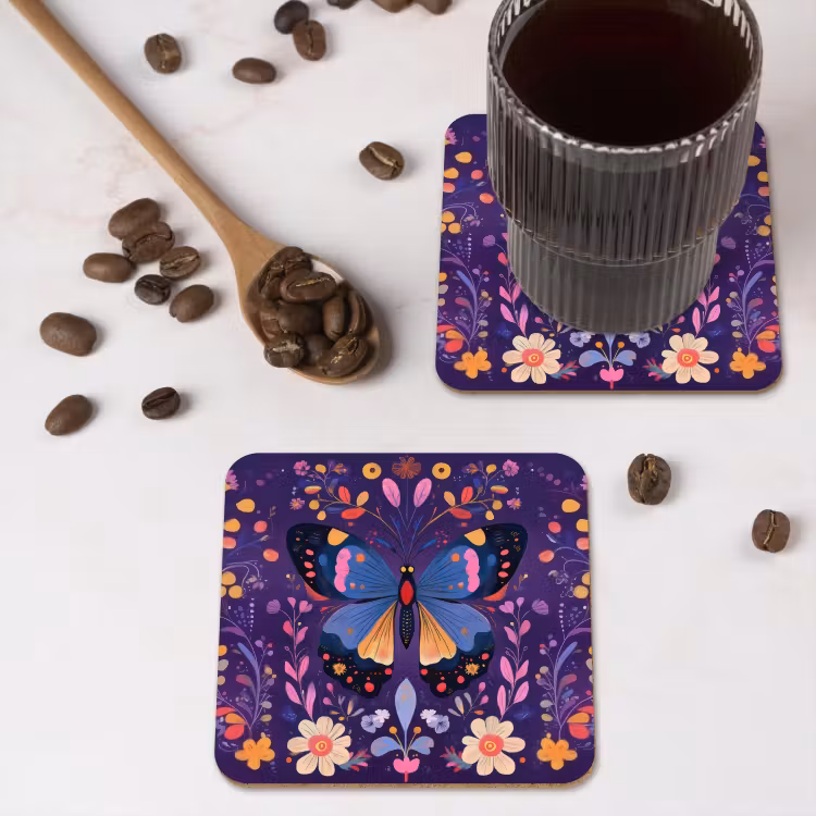 Sierlijk - Bloemen - Vlinder - Paars onderzetter kurk middel -sfeer2