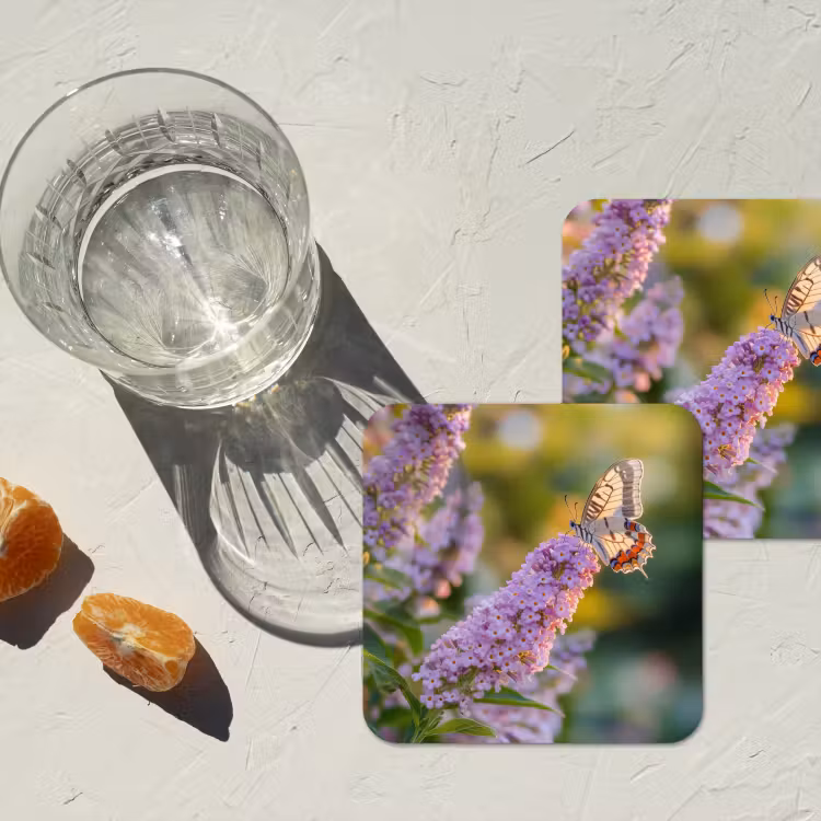 Sierlijke - Vlinder - Paarse - Bloemen onderzetter kurk middel -sfeer4