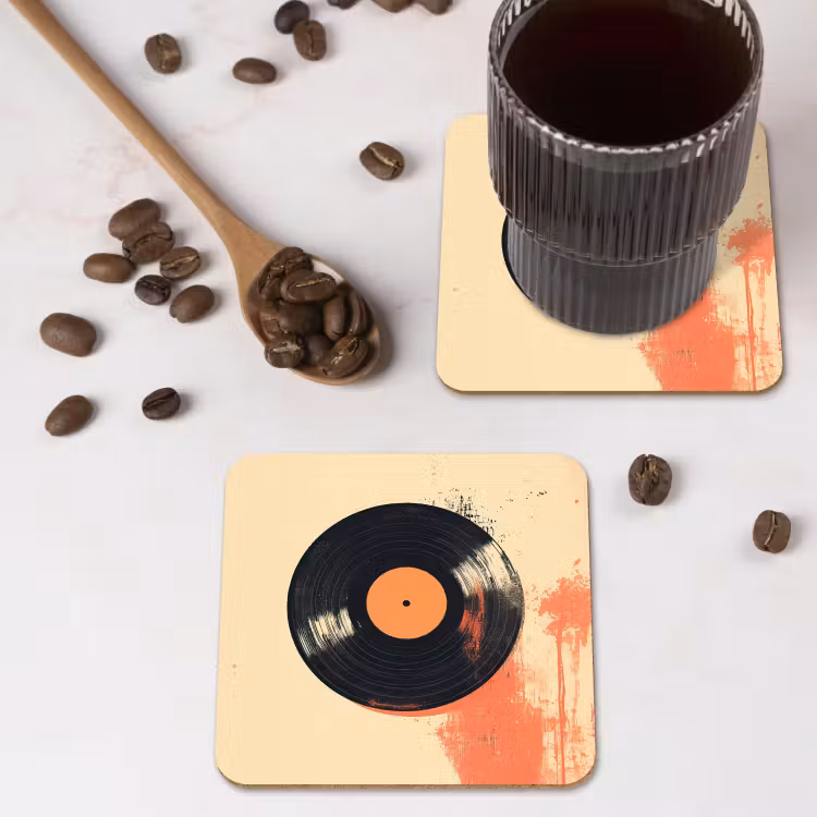 Vinylplaat - Zwart - Verfspatten - Retro onderzetter kurk middel -sfeer2