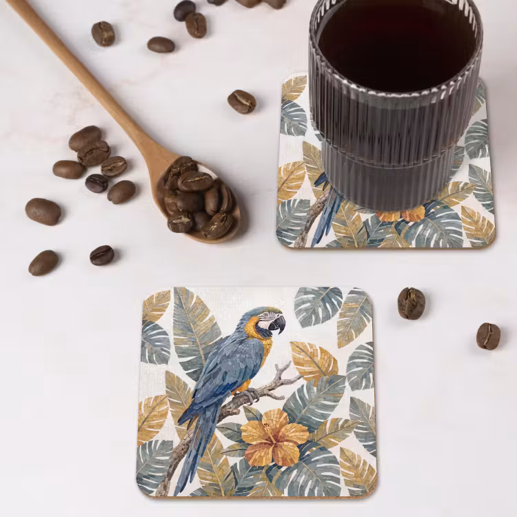 Vogel - Tak - Natuur - Mozaïek - Blauw onderzetter kurk middel -sfeer2