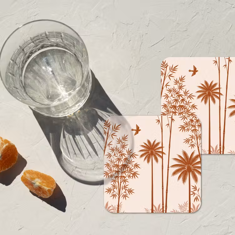 Vogel - Boom - Tropisch - Minimalistisch - Bruin onderzetter kurk middel -sfeer4