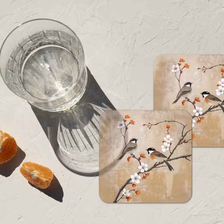 Vogels - Bloesemtak - Bloemen - Oranje onderzetter kurk middel -sfeer4