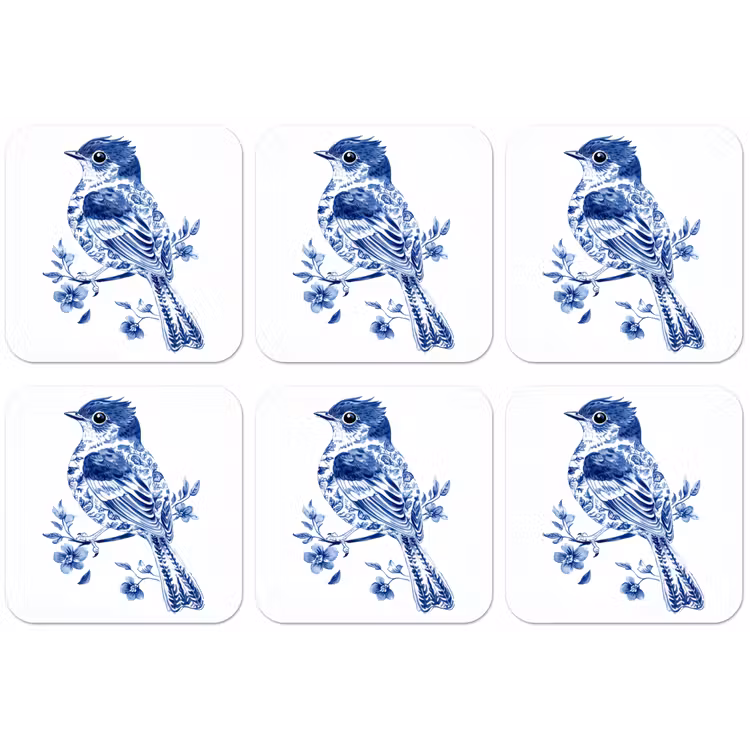 Vogel - Delfts blauw - Illustratie - Bloemen onderzetter kurk middel -zkaufland3dotto