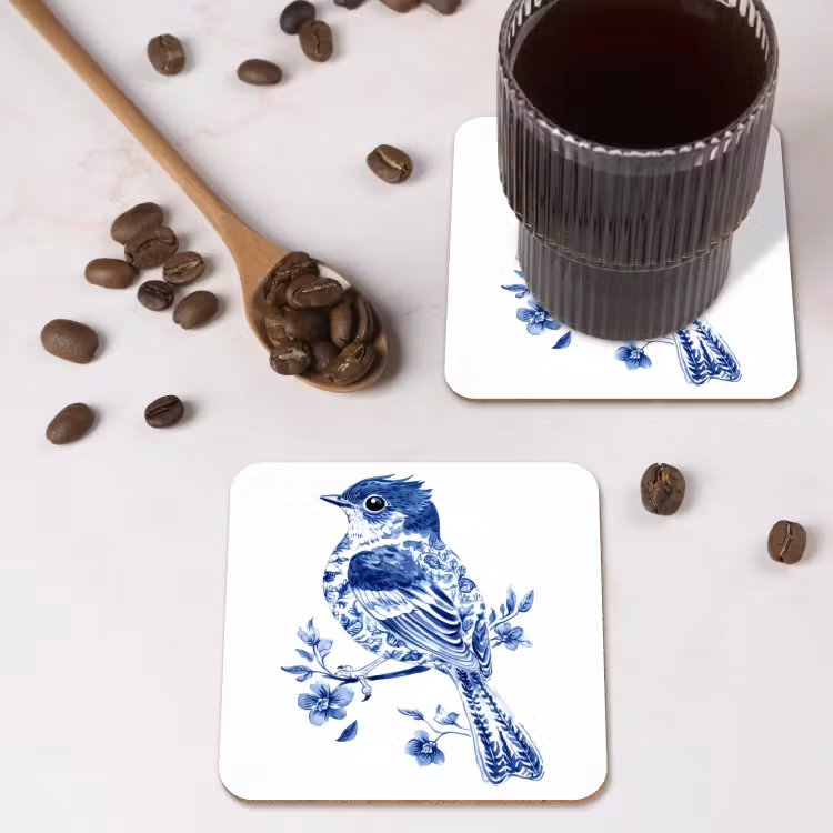 Vogel - Delfts blauw - Illustratie - Bloemen onderzetter kurk middel -sfeer2