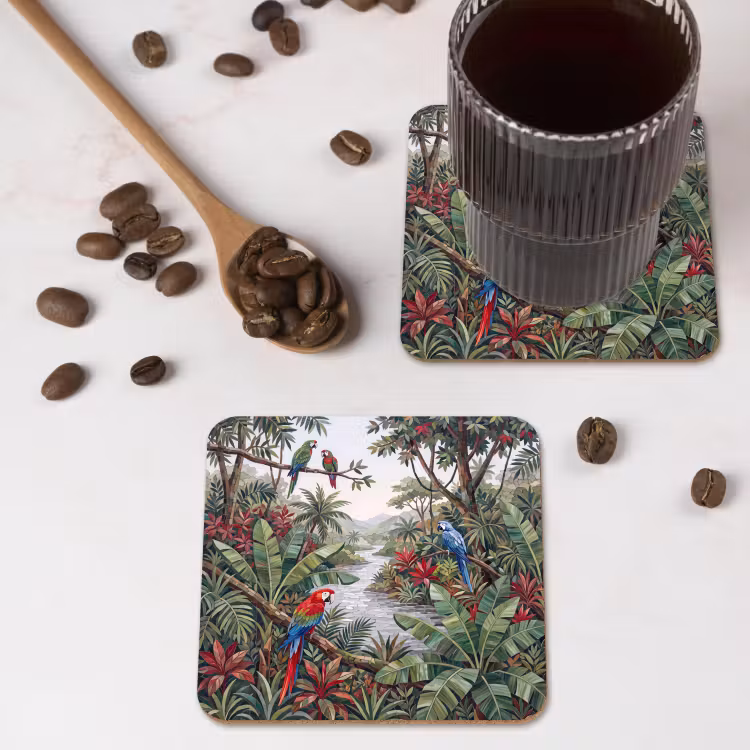 Vogel - Jungle - Natuur - Mozaïek - Groen onderzetter kurk middel -sfeer2