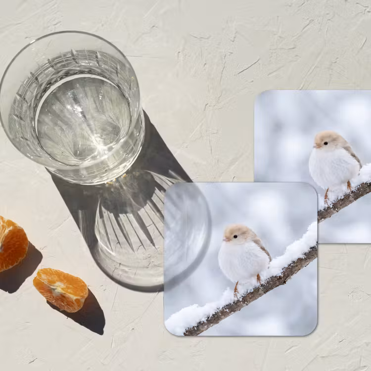 Vogeltje - Sneeuw - Tak - Winter - Zacht onderzetter kurk middel -sfeer4