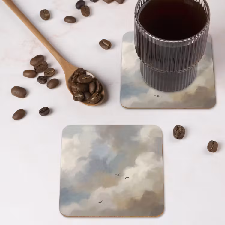Vogel - Wolken - Natuur - Modern - Grijs onderzetter kurk middel -sfeer2
