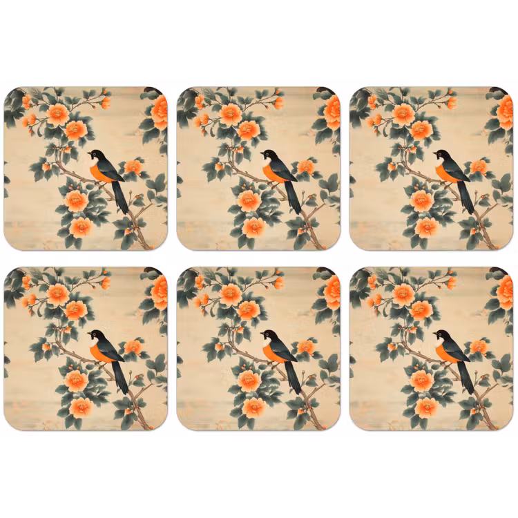 Vogel - Tak - Bloemen - Oranje onderzetter kurk middel -zkaufland3dotto
