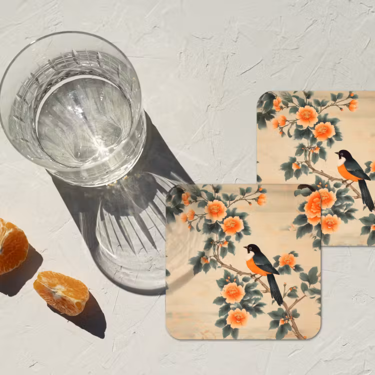 Vogel - Tak - Bloemen - Oranje onderzetter kurk middel -sfeer4