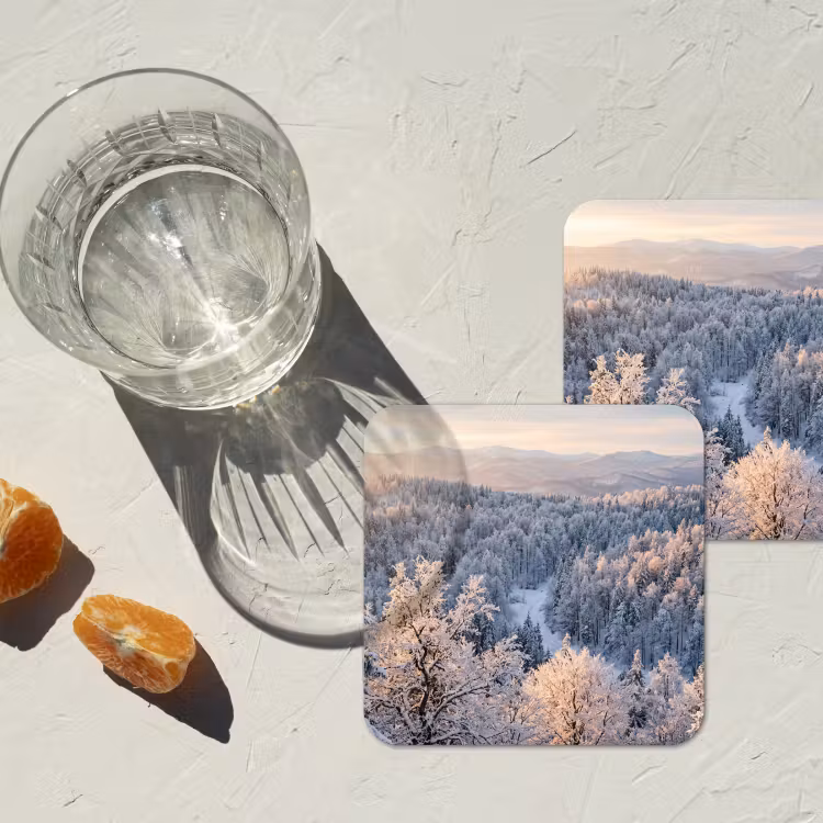 Bos - Bergen - Goud - Winter - Warm onderzetter kurk middel -sfeer4