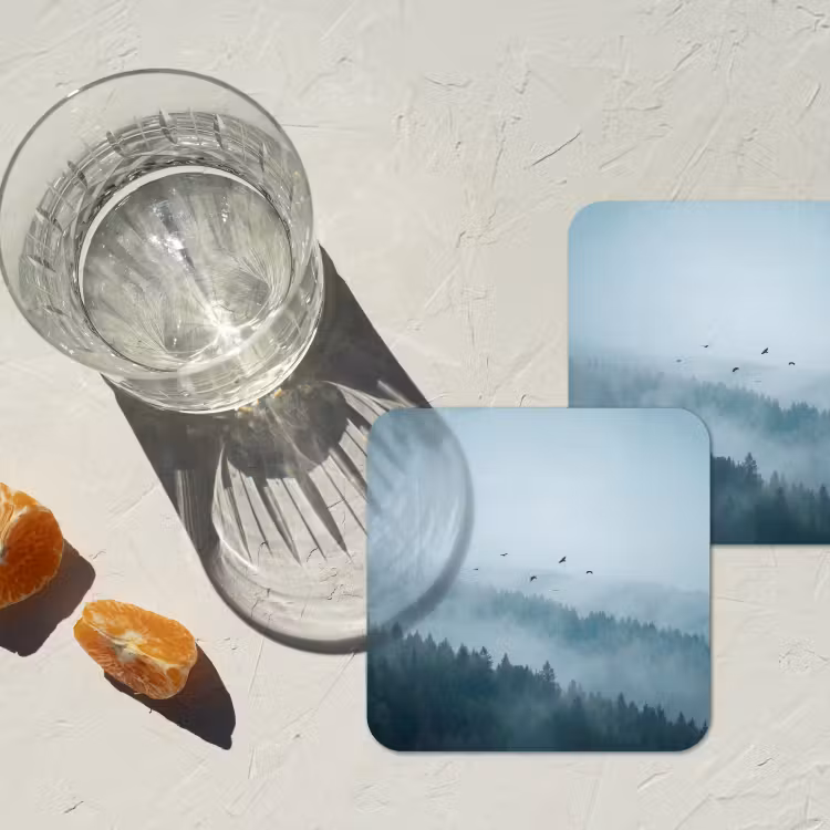 Bos - Mist - Vogels - Natuur - Groen onderzetter kurk middel -sfeer4