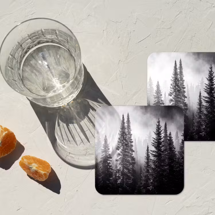 Bos - Mist - Winter - Monochroom - Natuur onderzetter kurk middel -sfeer4