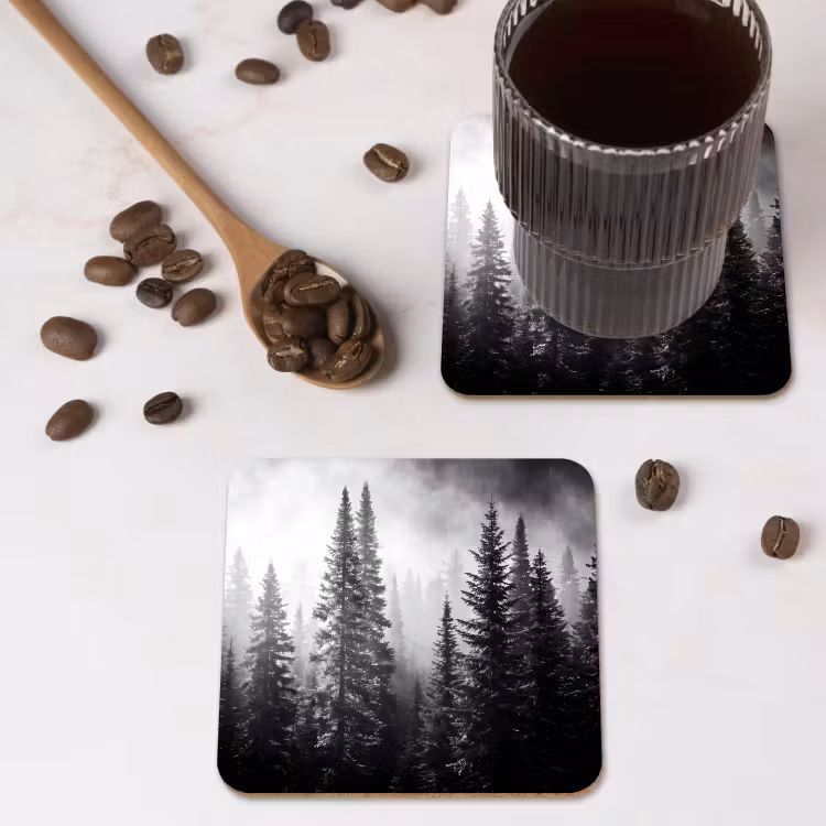 Bos - Mist - Winter - Monochroom - Natuur onderzetter kurk middel -sfeer2