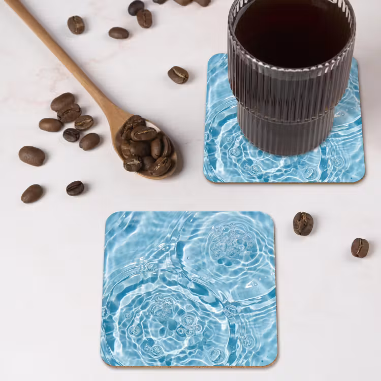 Water - Blauw - bubbels onderzetter kurk middel -sfeer2