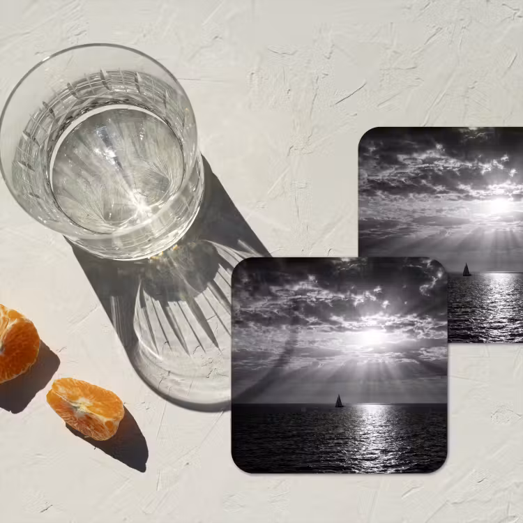 Water - Boot - Lucht - Natuur - Zwart-wit onderzetter kurk middel -sfeer4