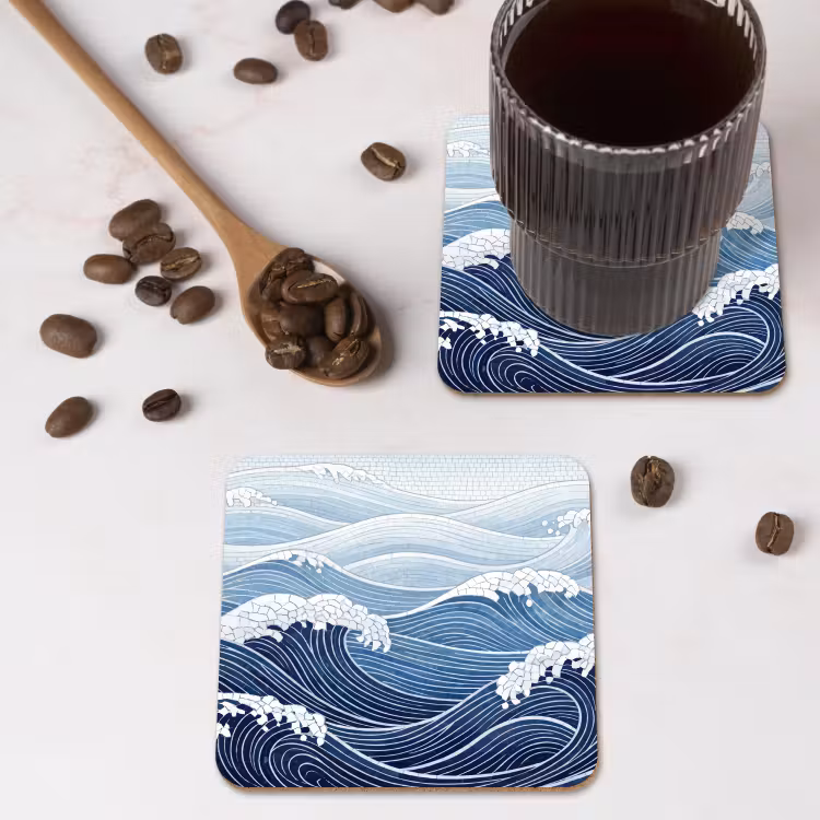 Water - Mozaïek - Landschap - Modern - Blauw onderzetter kurk middel -sfeer2