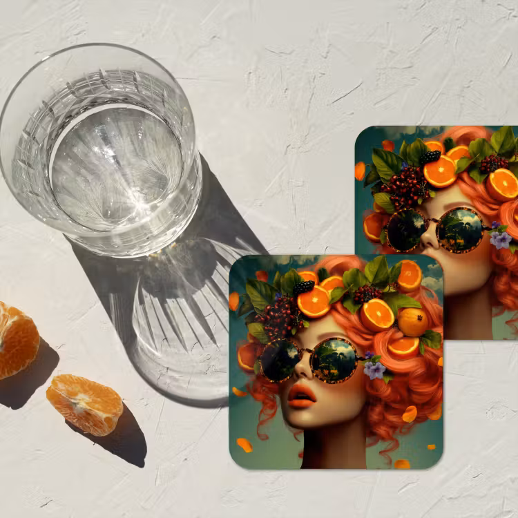 Vrouw - Sinaasappel - Bessen - Oranje onderzetter kurk middel -sfeer4