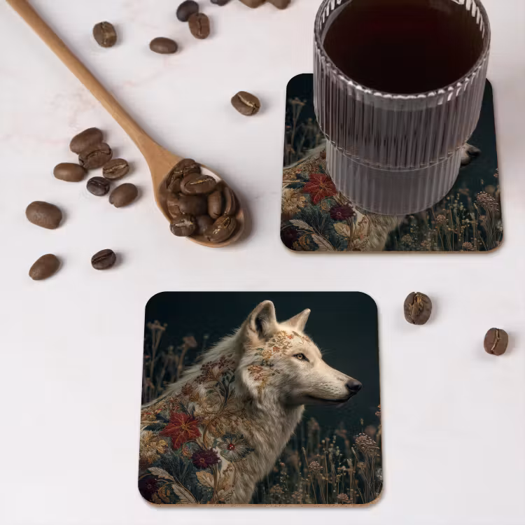 Wolf - Bloemen - Natuur onderzetter kurk middel -sfeer2