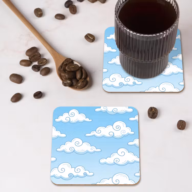 Wolk - Lucht - Cartoon - Blauw - Wit onderzetter kurk middel -sfeer2