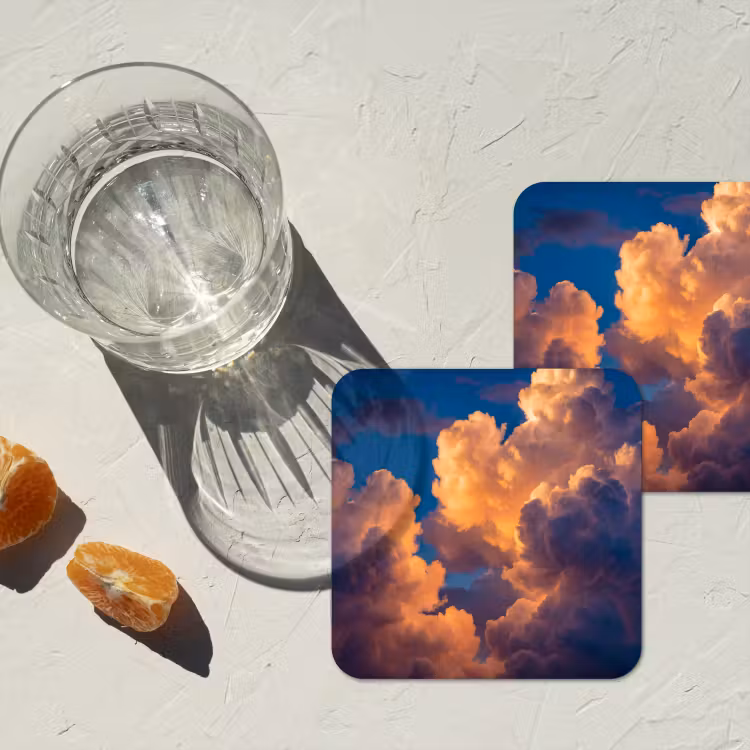 Wolken - Zonsondergang - Natuur - Oranje - Blauw onderzetter kurk middel -sfeer4