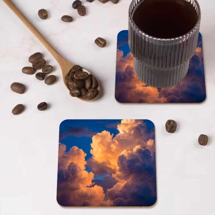Wolken - Zonsondergang - Natuur - Oranje - Blauw onderzetter kurk middel -sfeer2