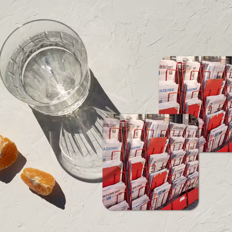 Kranten - Rek - Stedelijk - Dagelijks leven - Rood onderzetter kurk middel -sfeer4