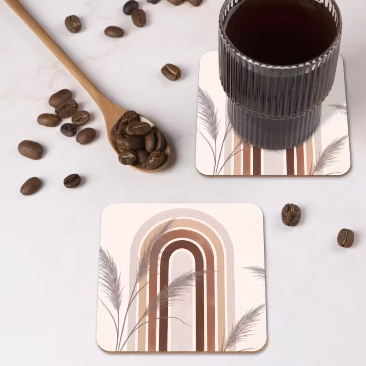 Abstract - Bogen - Plant - Boho - Beige onderzetter kurk middel -sfeer2