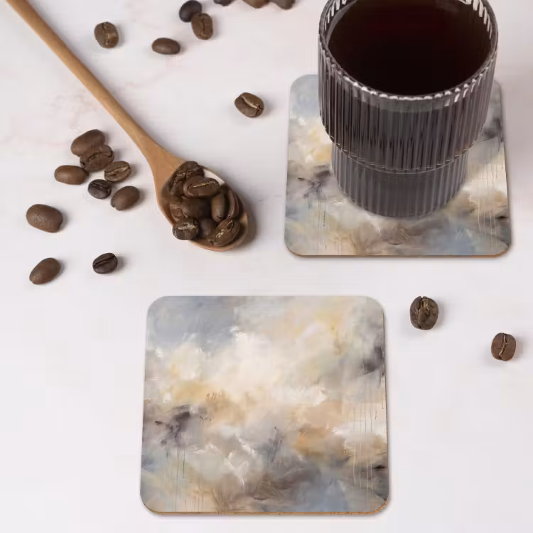 Abstract - Wolken - Sfeervol - Beige - Grijs onderzetter kurk middel -sfeer2