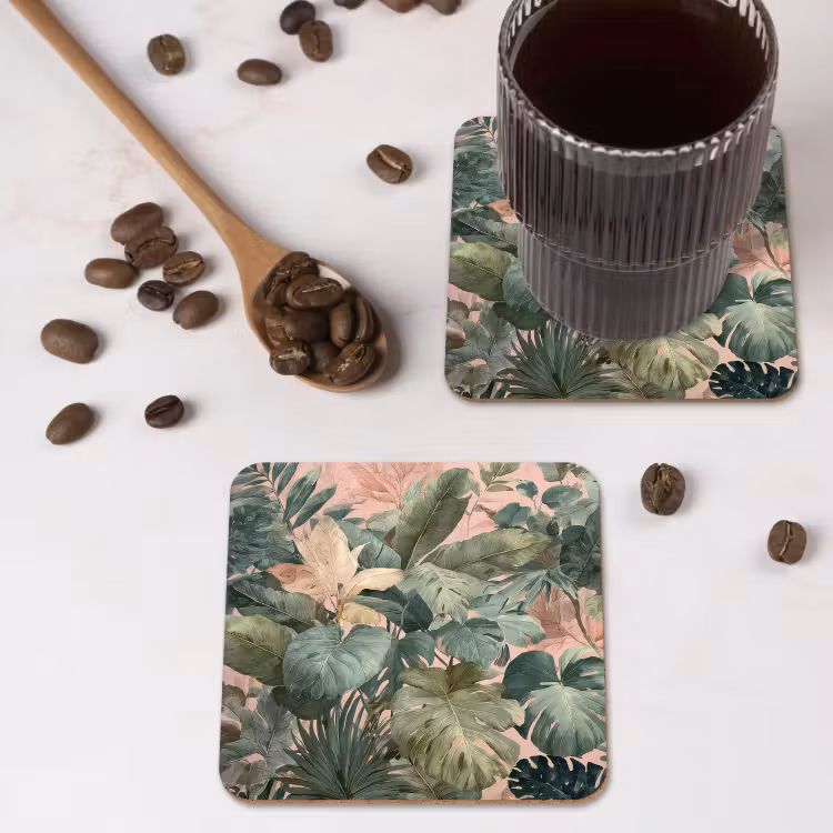 Compositie van bladeren - Groen - Roze onderzetter kurk middel -sfeer2