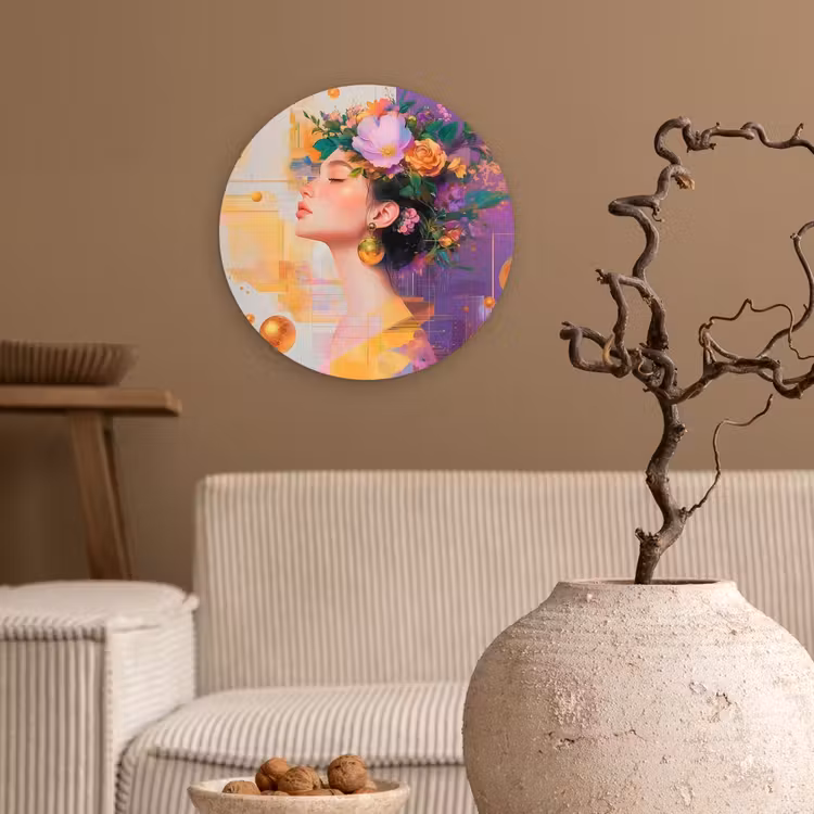 Abstract - Vrouw - Bloemenkroon - Goud Wandcirkel plexiglas klein -sfeer1