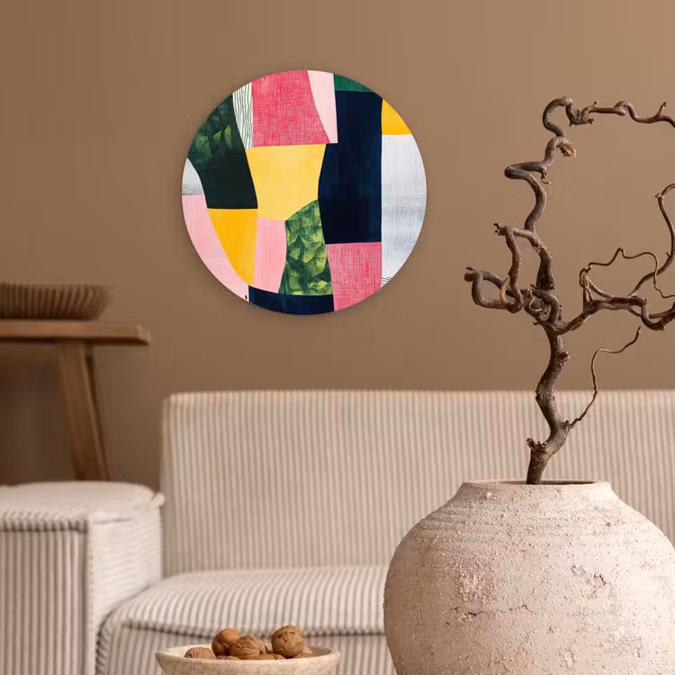 Abstract - Roze - Lappen - Vormen - Geel Wandcirkel plexiglas klein -sfeer1