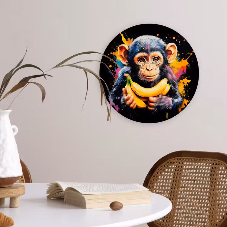 Aap - Graffiti - Kleurrijk - Bananen - Modern Wandcirkel plexiglas klein -sfeer4