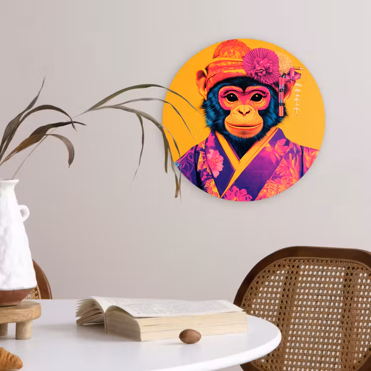 Aap - Kimono - Bloemen - Hoofdtooi Wandcirkel plexiglas klein -sfeer4