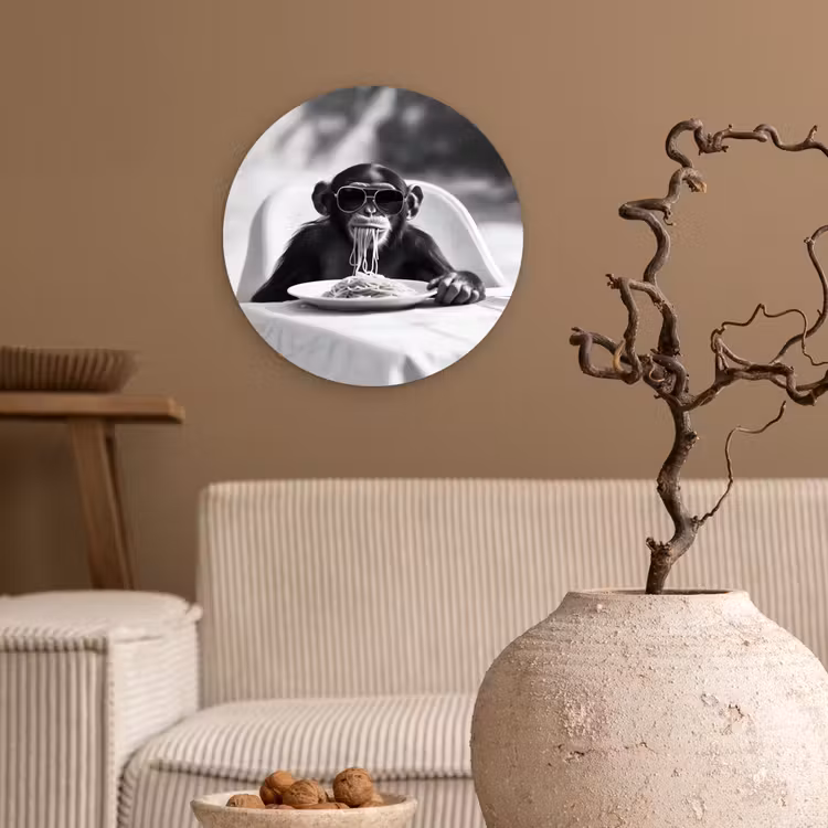 Aap - Spaghetti - Zonnebril - Zwart wit - Cool - Dier Wandcirkel plexiglas klein -sfeer1
